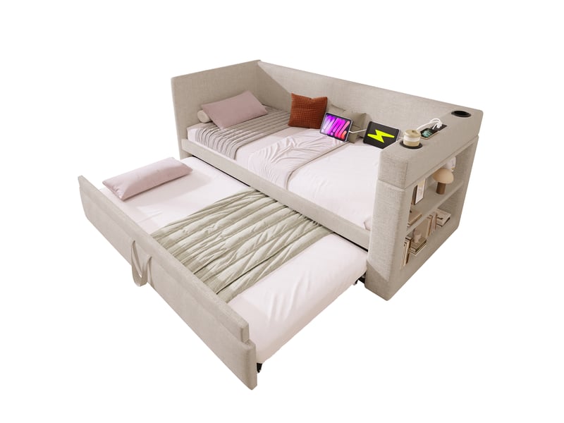  Lit gigogne enfant 90x190 cm, canapé-lit avec usb type-c, porte-gobelet, sommiers, coton lin beige, sans matelas  - Conforama A