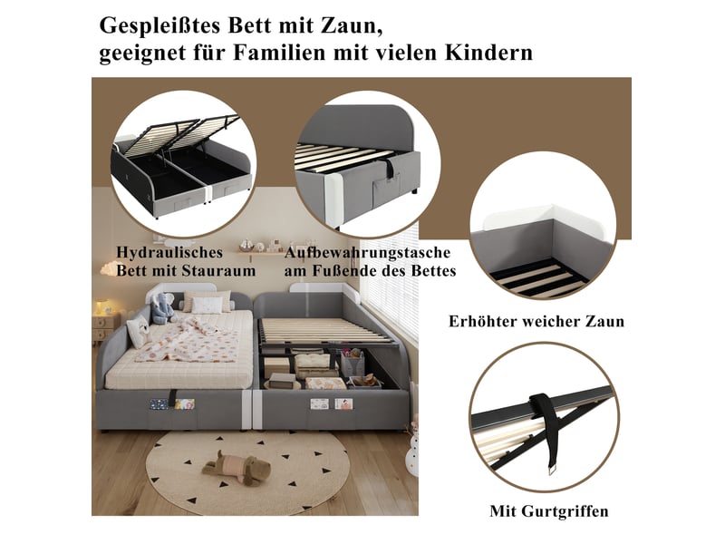 Lit simple enfant 90x200 cm x2 – gris et blanc – coffre hydraulique, barrière souple, sans matelas - Conforama E