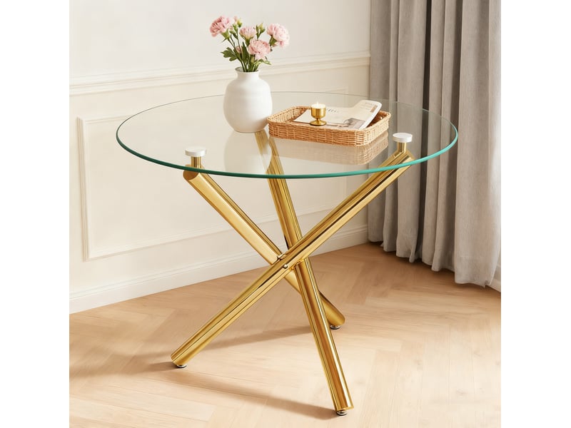  Table à manger ronde en verre trempé – piètement métal doré – ø 80 x h 76 cm  - Conforama B