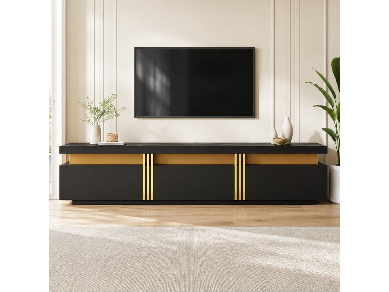  Meuble tv avec 3 tiroirs et passe-câbles, finition effet marbre noir, panneaux de particules, 200 × 40 × 42 cm  - Conforama C
