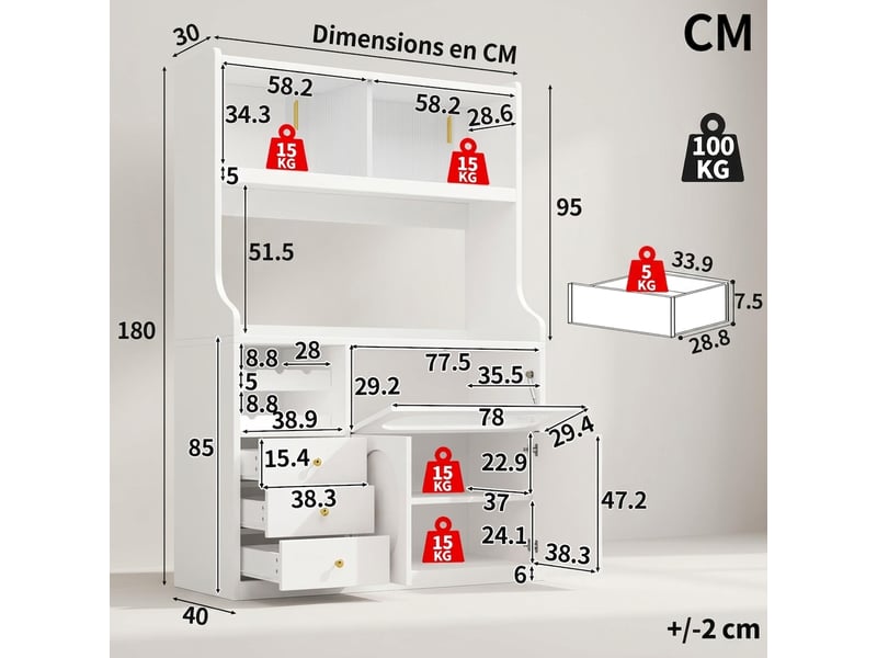  Buffet de cuisine haut blanc 120 cm avec led rgb, portes coulissantes en verre et range-bouteilles  - Conforama C