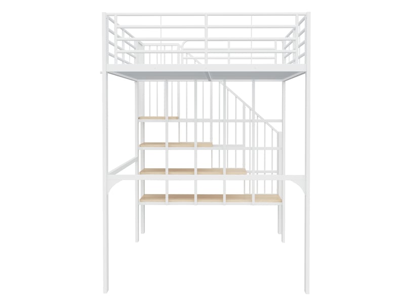  Lit mezzanine 140x200 avec espace de rangement sous le lit et escalier sécurisé, structure en métal pour enfants et adultes, blanc.  - Conforama D