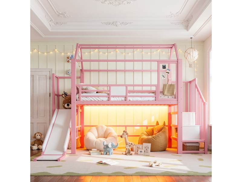 Lit mezzanine 90 x 200 cm, lit enfant surélevé, étagères ouvertes, éclairage led, structure en forme de maison, toboggan, échelle, métal, rose Morn Vibe - Conforama D
