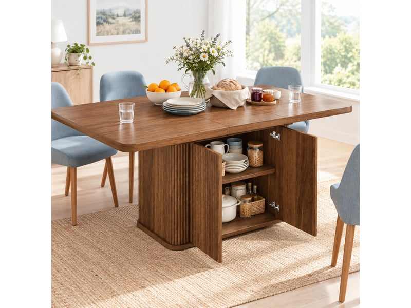  Table de salle à manger extensible avec rangement dissimulé et portes, pour salle à manger, mdf et métal marron  - Conforama C