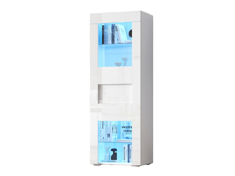 Vitrine haut 170 cm et meuble de rangement avec led portes en acrylique, 2 étagères verre brillant, 60 × 40 × 170 cm, blanc, avec rangement modulable CARDUME ESTIVAL - Conforama A