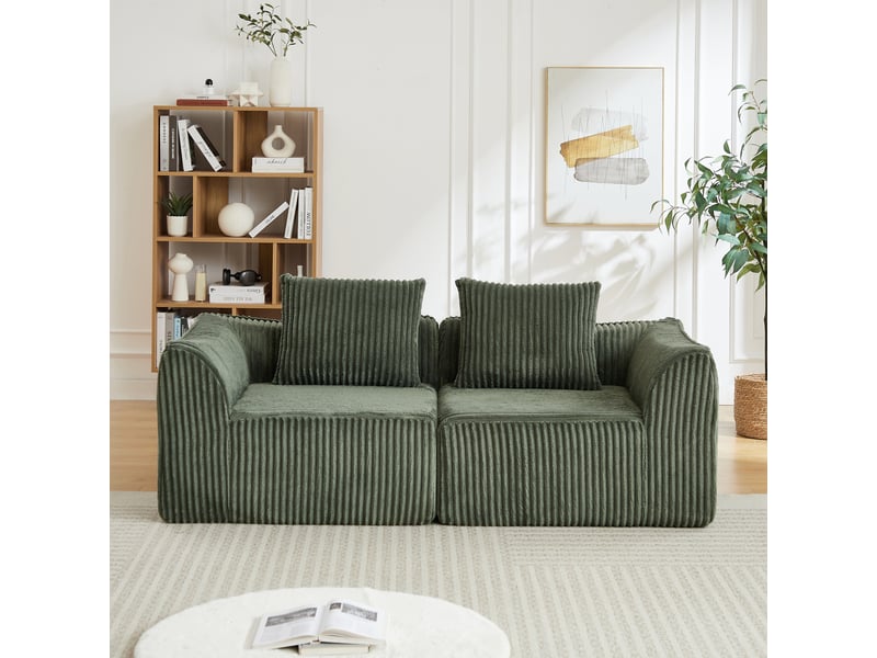 Canapé droit modulaire en velours côtelé vert, canapé 2 places, lignes courbes, avec 2 coussins, sans montage - Conforama W