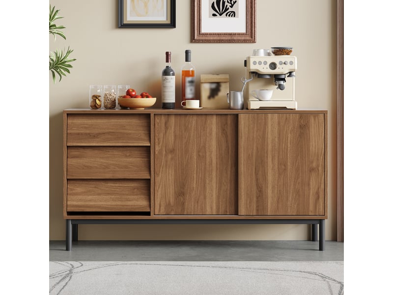 Buffet de cuisine avec 3 tiroirs et 2 portes coulissantes pour cuisine et salle à manger en mdf 150×40×80 cm naturel  - Conforama C