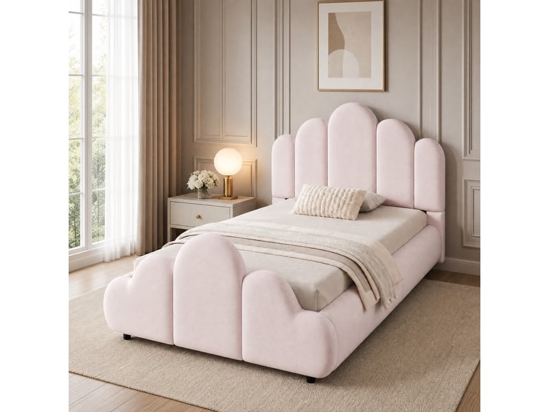  Lit simple enfant 90×200 cm avec tête rembourrée - okmyhome- angles arrondis, velours rose, sans matelas  - Conforama C