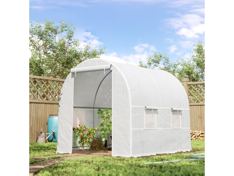  Serre tunnel avec porte enroulable et 4 fenêtres pour la culture de plantes et de légumes 245 x 200 x 200 cm blanc  - Conforama C