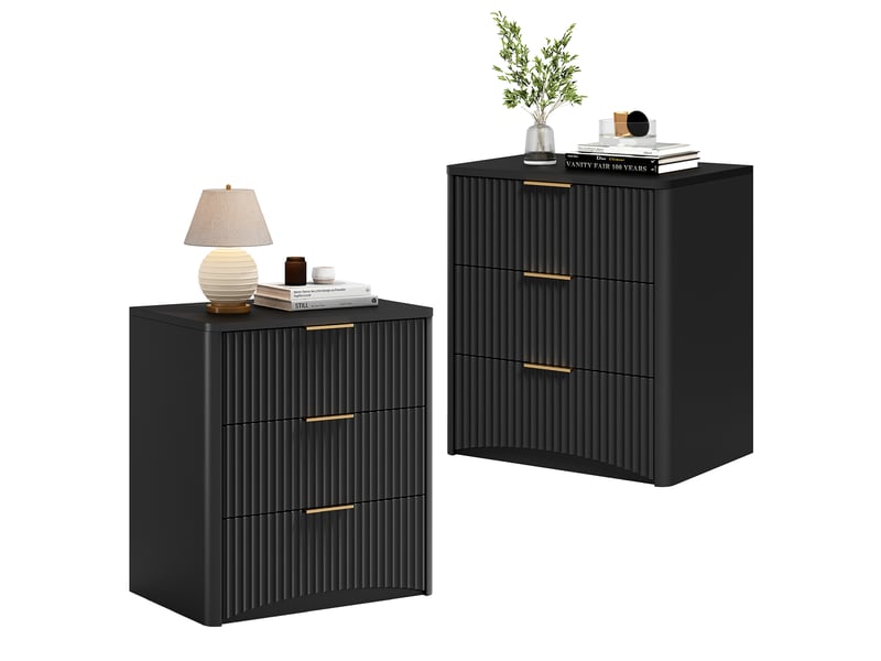  Table de chevet,58x38x64 cm,3 tiroirs avec poignées dorées,mdf,noir  - Conforama A