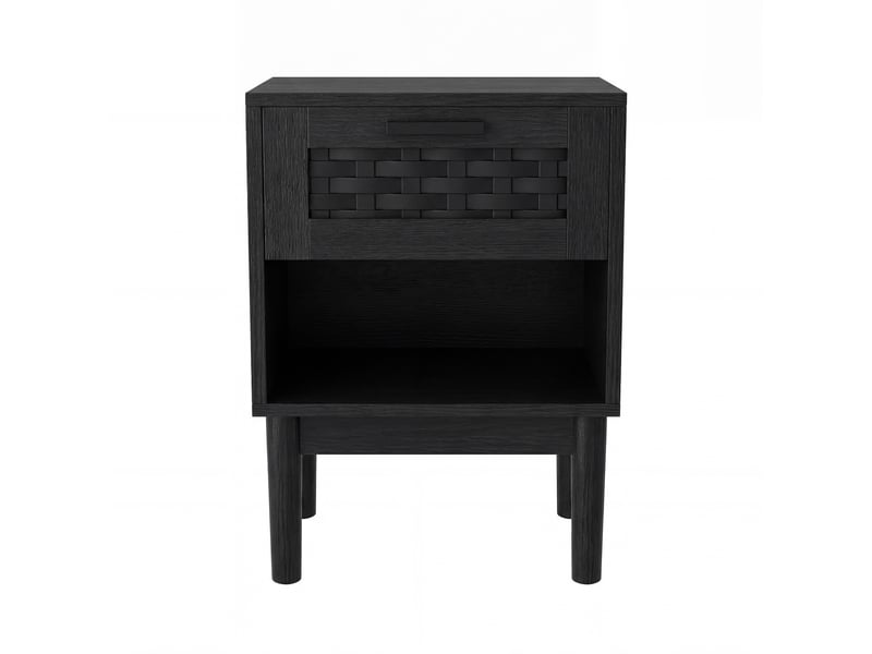  Lot de 2 tables de chevet noires à tissage décoratif, 1 tiroir + espace ouvert, pieds en bois, table d’appoint pour chambre et salon  - Conforama R