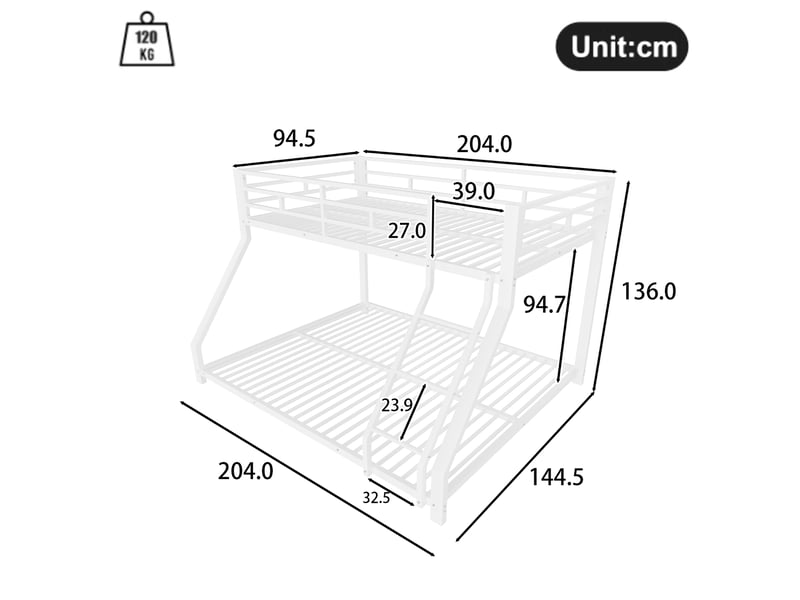 Lit superposé 3 places 90 x 200 et 140 x 200 cm avec garde-corps et échelle, lit double et simple en métal blanc, certifié en747, sans matelas - Conforama D