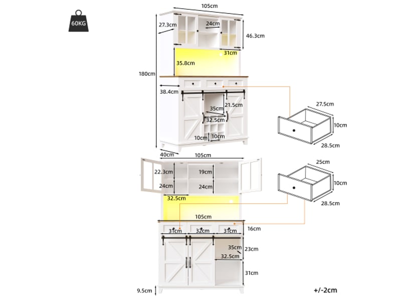 Servers, sideboards & buffets - armoire de cuisine (105 × 38,4 × 180cm) armoire de cuisine haute buffet de cuisine armoire - mdf - blanc - 105 x 38.4 x 180 cm - usage domestique - installation simple N620P29073334W - Conforama C