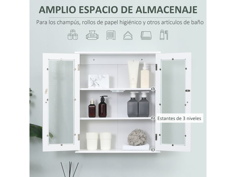  Armoire murale blanche pour salle de bain, 2 portes vitrées, 3 étagères réglables, 55 x 20 x 65 cm  - Conforama R