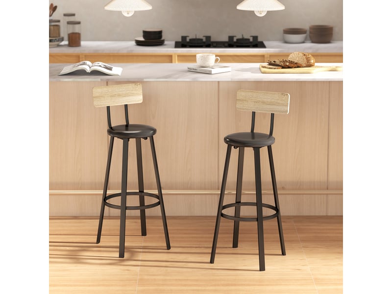  Lot de 2 tabourets de cuisine hauts avec dossier et repose-pieds, revêtement en polyuréthane, hauteur d'assise 75,5 cm, coloris naturel et noir.  - Conforama D