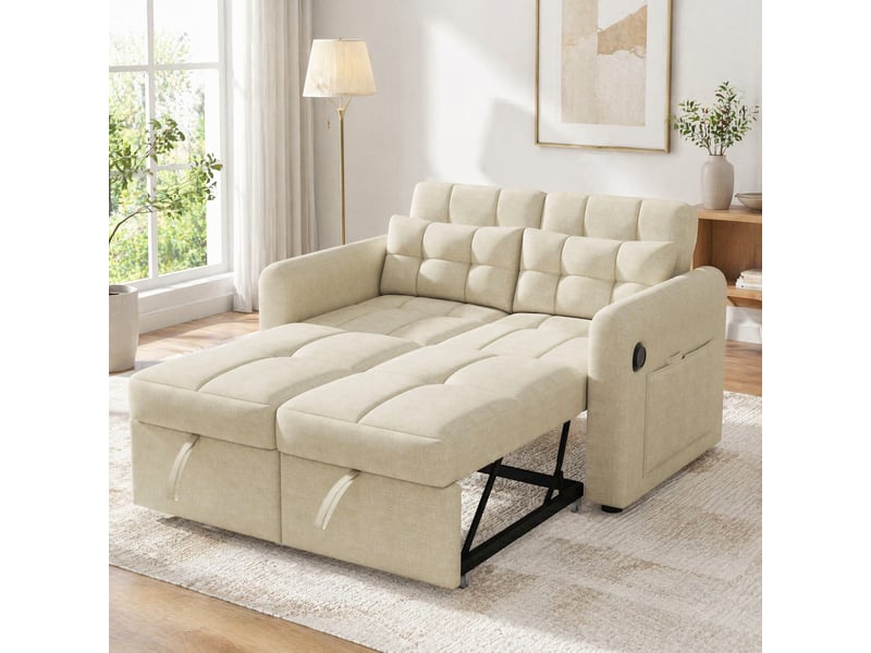  Canapé convertible 2 places 3-en-1, dossier réglable, usb, poches et coussins en aspect lin beige, 142 × 85 × 83 cm  - Conforama B