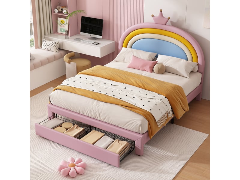  Lit enfant 140x200 cm avec tiroir au pied, lit rembourré avec tête arc-en-ciel couronne réglable sur 2 hauteurs, jusqu’à 150 kg, revêtement pu, rose Seren Glow - Conforama D