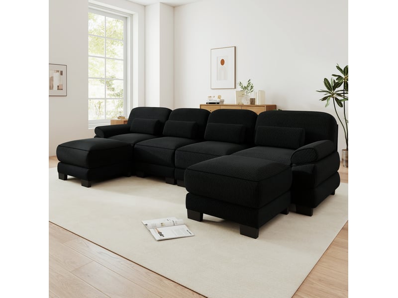  Canapé modulable en u 4 places 336x 161x 94 cm 2 poufs, assise profonde, coussins épais, velours côtelé noir  - Conforama B
