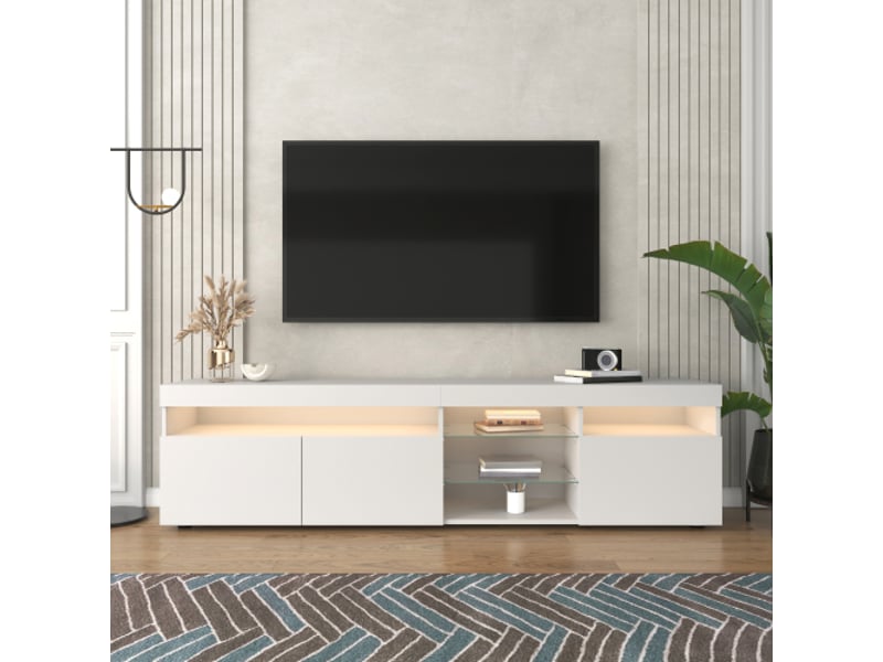  Meuble tv blanc 180 cm avec panneau rétroéclairé et leds multicolores – design moderne pour salon  - Conforama D