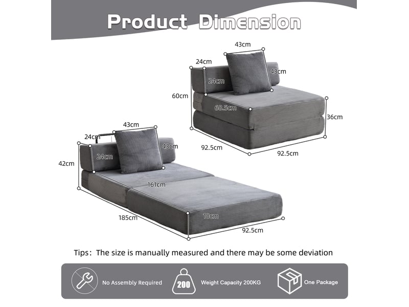  Canapé de sol convertible 92,5x92,5x60 cm velours côtelé gris foncé  - Conforama E