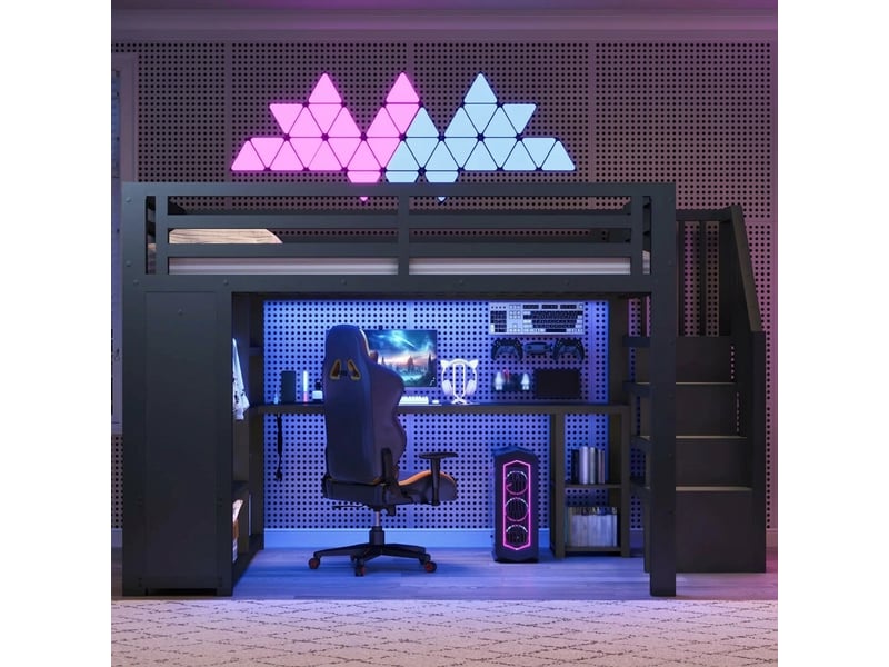  Lit mezzanine gaming 140x200 avec bureau intégré, led, usb et penderie, métal noir  - Conforama D