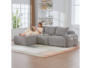 Canapé modulaire 3 places en velours côtelé gris clair - 268 x 174 x 80 cm, avec rangement