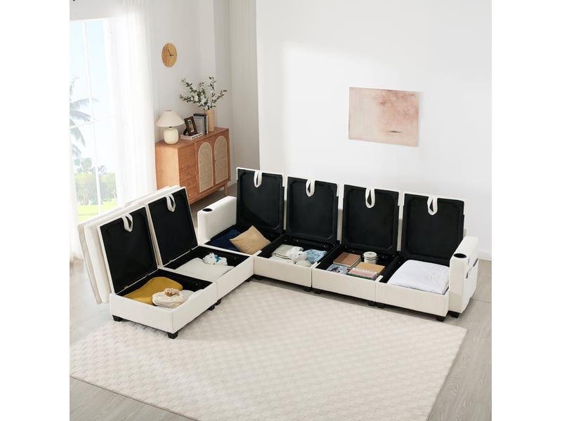  Canapé modulable modenvie 6 places en velours côtelé beige avec rangement usb 280 x 151 x 82 cm  - Conforama E