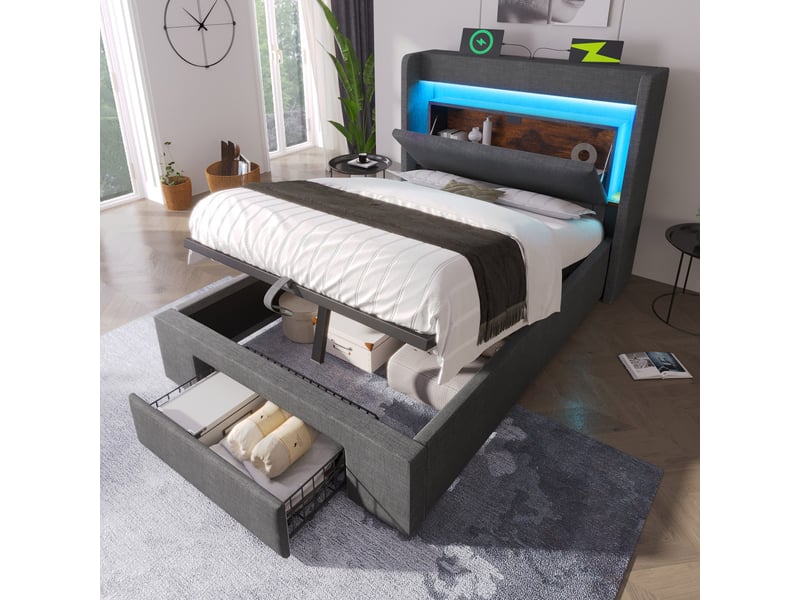  Lit coffre 90x200 cm, rangement hydraulique, tiroirs, tête de lit avec rangement, éclairage led, usb et usb-c pour chambre - gris  - Conforama D