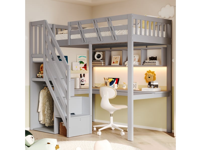Lit mezzanine enfant 90x200 cm - avec escalier rangement, bureau intégré, prise usb et led, bois massif gris evarich - Conforama B
