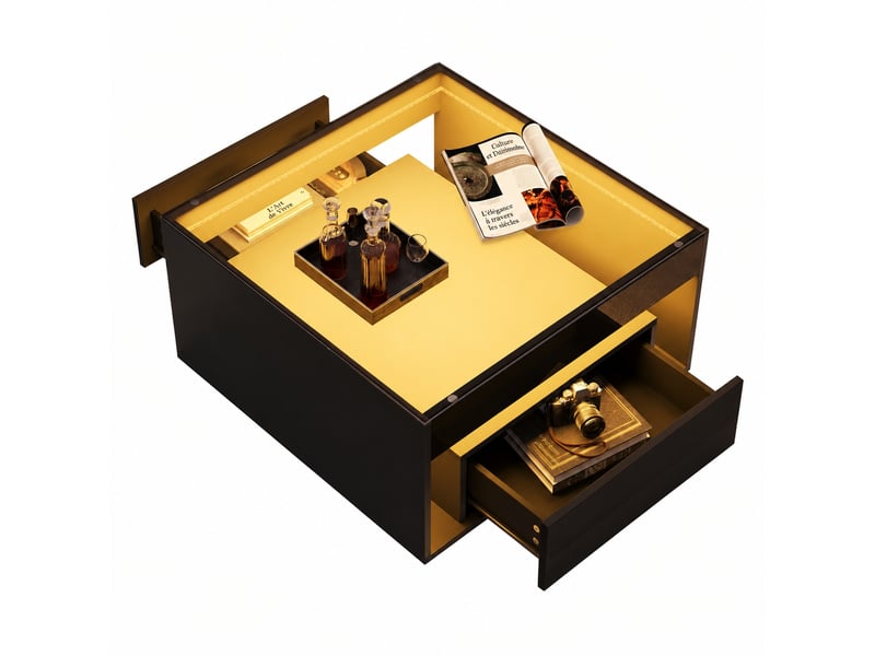 Table basse avec deux tiroirs, plateau en verre trempé, led, 70 x 70 x 35 cm, noir - Conforama A