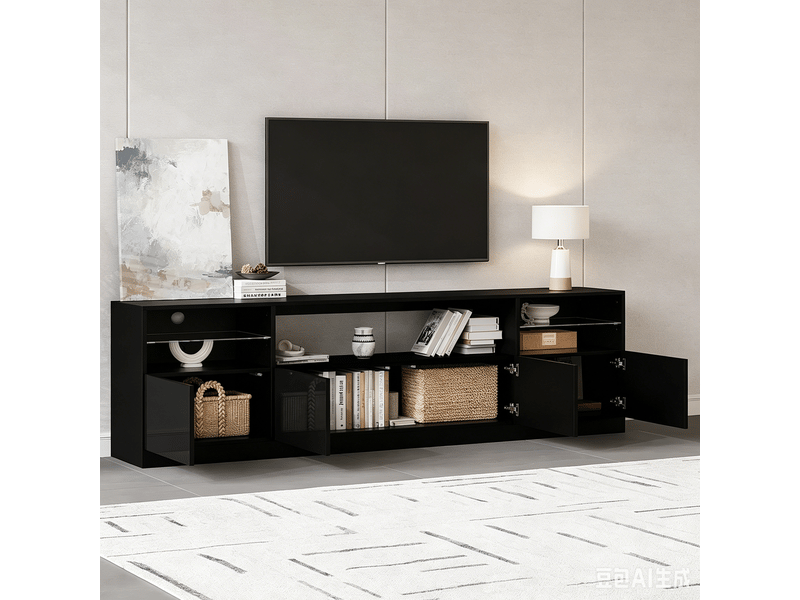 Meuble tv led 180x35x60 cm - meuble bas brillant avec 4 portes, 8 espaces de rangement ouverts, pour tv jusqu’à 75 pouces - noir - Conforama E