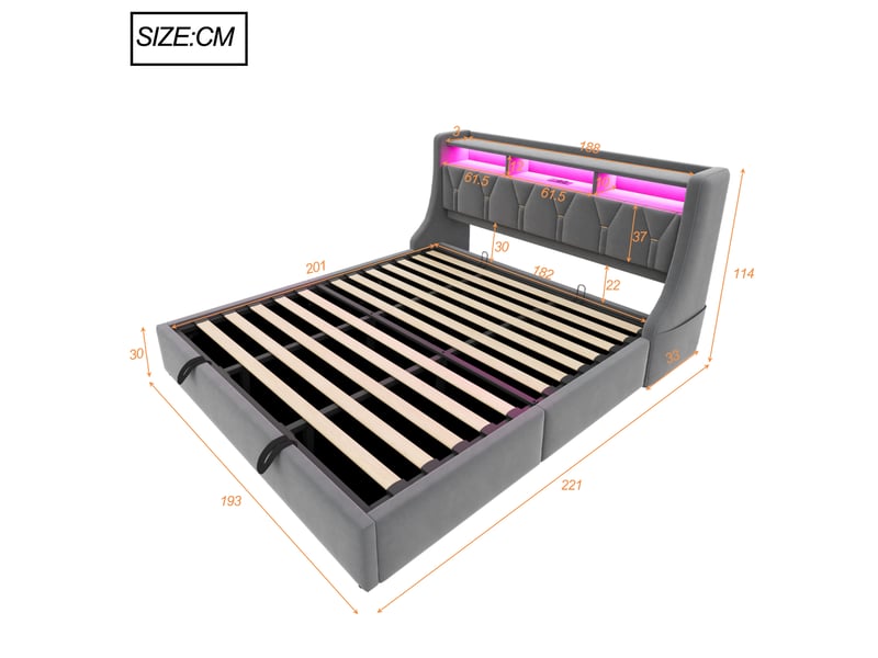  Lit coffre hydraulique 180 x 200 cm gris en velours avec tête de lit rabattable, rangements, led connectée, prises usb-c et pieds larges  - Conforama E