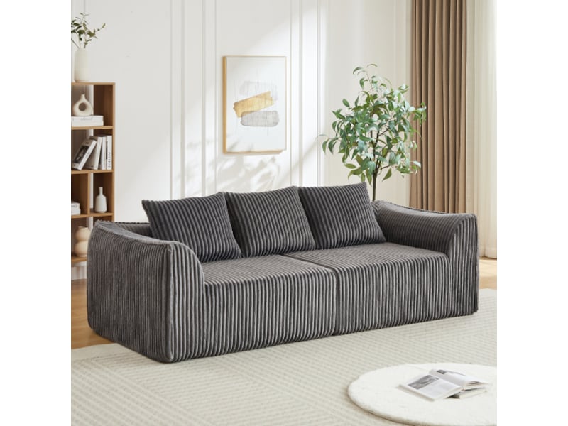  Canapé en velours côtelé 235 cm, design minimaliste, lignes courbes, dossier incliné, 2 coussins inclus, salon moderne  - Conforama E