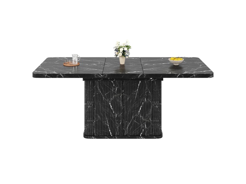  Table à manger multifonction avec rangement caché, plateau extensible, reliefs verticaux, 140-180 cm, effet marbre noir  - Conforama A