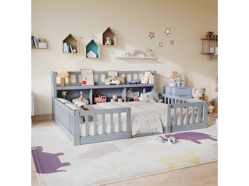  Lit 140x200cm - lit enfant 140x200cm - lit montessori au sol avec bibliothèque intégrée, barrières sécurité, sommier à lattes - gris  - Conforama B