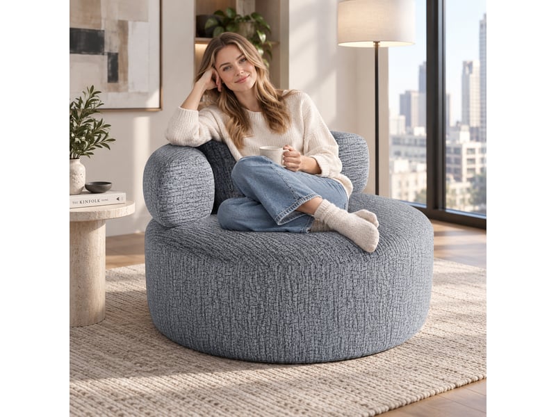  Fauteuil pouf rond avec coussin et dossier enveloppant, mousse haute densité, chenille grise, 100 × 100 × 65 cm  - Conforama C