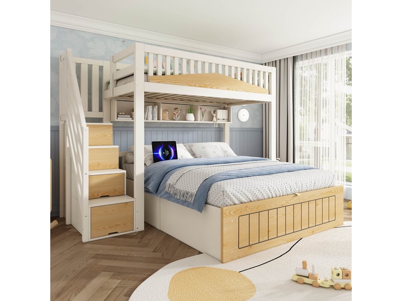 Lit superposé enfant 90x200 et 140x200 cm avec coffre hydraulique, 2 prises eu, usb-c, escalier avec rangement, blanc et naturel Sol Morn - Conforama B