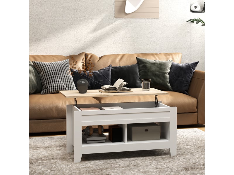  Table basse avec mécanisme de levage, espace de rangement intégré, 105 x 50 x 49 cm, blanc et naturel  - Conforama C