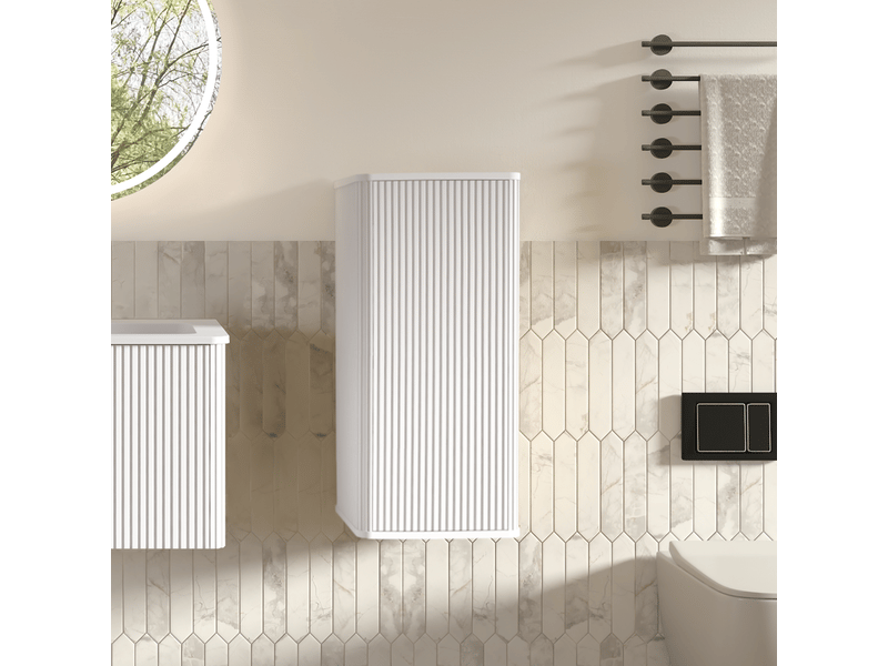  Meuble vasque suspendu avec colonne de rangement - lpospi - portes rainurées, mdf et résine minérale - blanc  - Conforama C