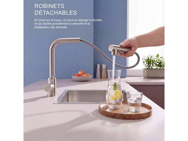  Robinet de cuisine - 27.5 x 31 cm gris - mitigeur monocommande extractible en acier inoxydable avec douchette 2 jets  - Conforama D