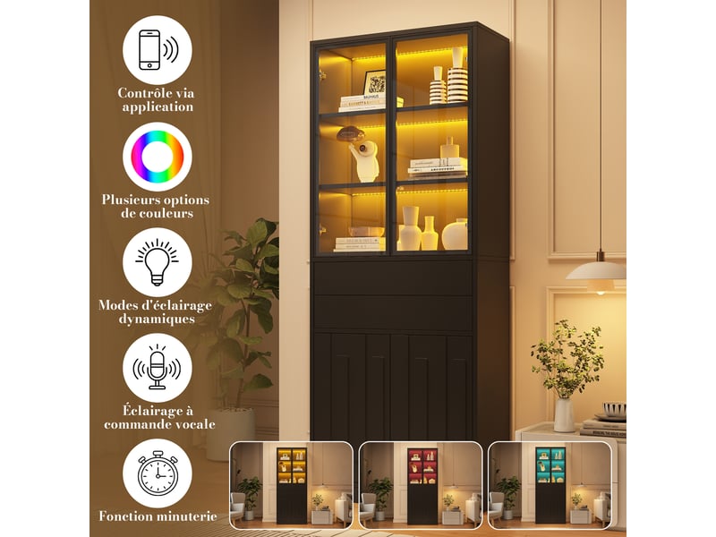  Lot de 2  vitrine led 140x34x180 cm, grand rangement avec 8 portes et 4 tiroirs, bluetooth, noir  - Conforama B