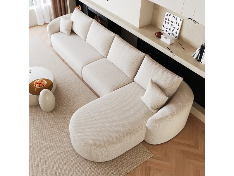 Canapé d'angle modulable 5 places sans montage, rembourré de mousse, en chenille blanc, 336 × 168 × 85 cm - Conforama E