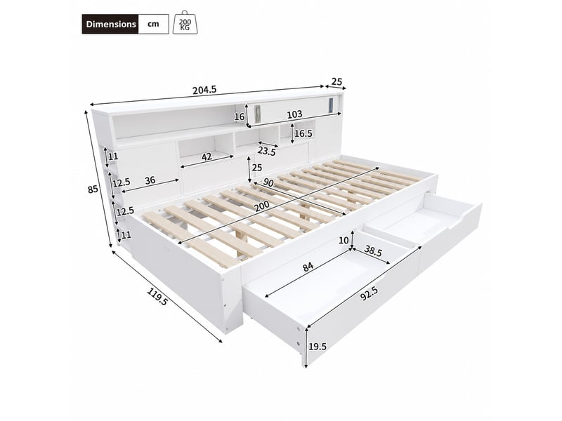  Lit banquette simple 90x200 cm en mdf avec 2 tiroirs, placards coulissants et étagères réglables, sans matelas, blanc  - Conforama D