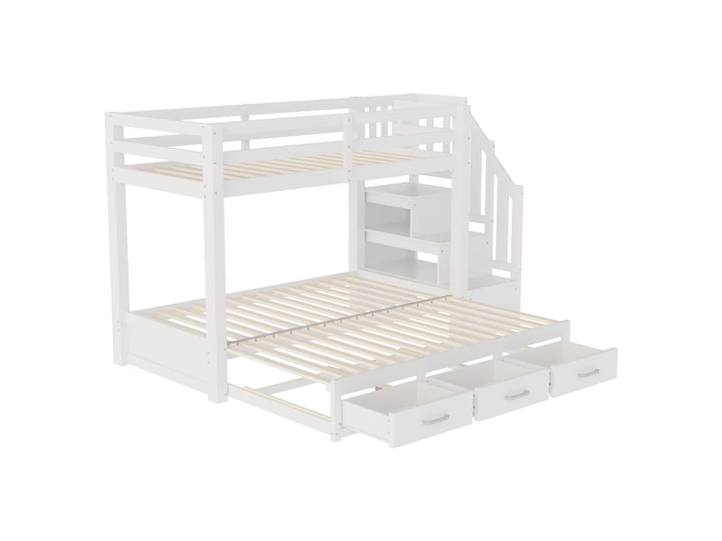 Lit superposé 90x200, lit gigogne extensible 90180x190cm avec escalier de rangement et tiroirs de lit, pour chambre enfant et adolescent, blanc - Conforama A