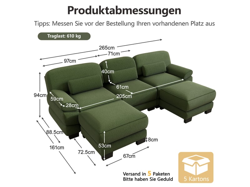  Canapé modulable en u modenvie 3 places avec 2 poufs, velours côtelé vert, assise profonde, 265 x 161 x 94 cm  - Conforama C