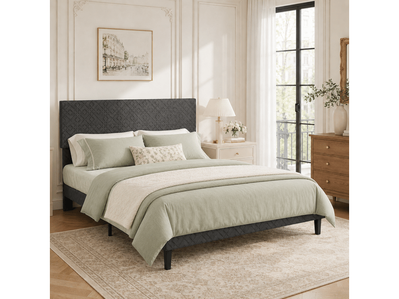  Lit adulte 160x200 cm, lit double avec sommier à lattes, revêtement en lin, tête de lit rayée, design nordique, gris  - Conforama C