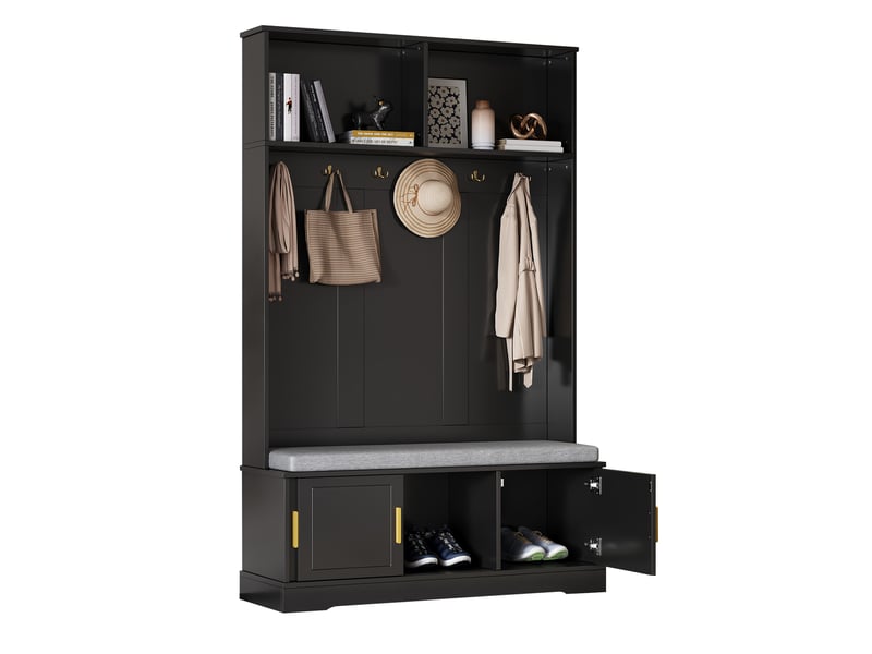 Vestiaire d’entrée noir 120 × 40 × 191 cm, banc à chaussures, 6 patères triples - Conforama D