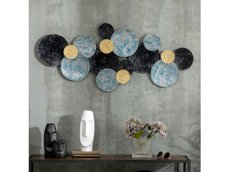  Décoration murale 3d 121 x 53 cm en fer doré, cercles bleu et noir à relief ondulé pour salon moderne  - Conforama B