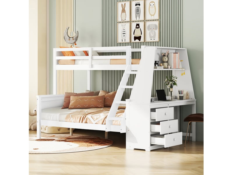  Lit superposé enfant 90x200 et 140x200 cm avec bureau et rangements blanc  - Conforama C
