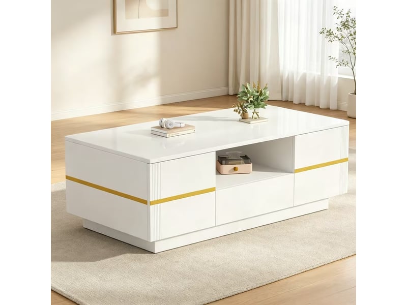  Table basse blanche avec détails dorés, rangement, mdf, 100 x 50 x 35,5 cm  - Conforama W